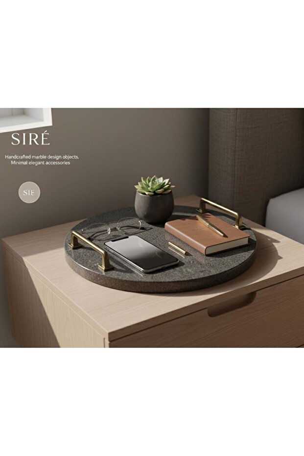صينية تقديم رخامية مستديرة بمقبض نحاسي 30 سم - مجموعة SIRÉ Black Stone