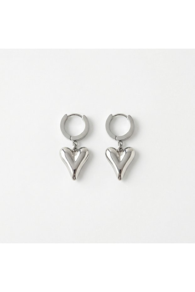 Steel Earrings Silver Color Heart Detailed Dangle Women's Earrings