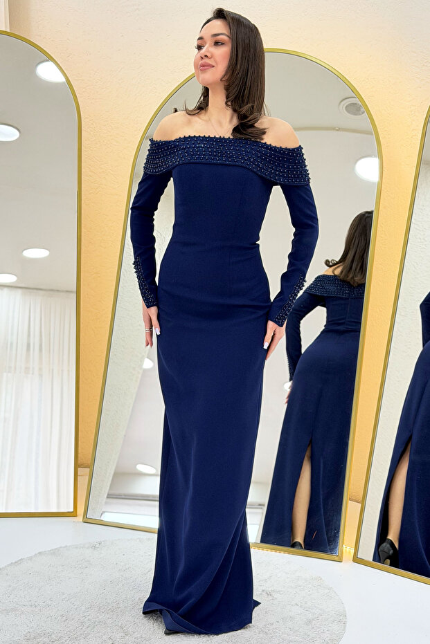 Women's Madonna Collar Beaded Embroidered Long Sleeve Fish Evening Dress Red, Black, Navy Blue, White