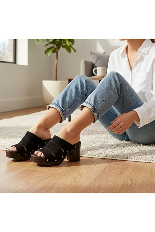 Black Suede Genuine Leather Light Sole Women's Clogs with Stitching Detail