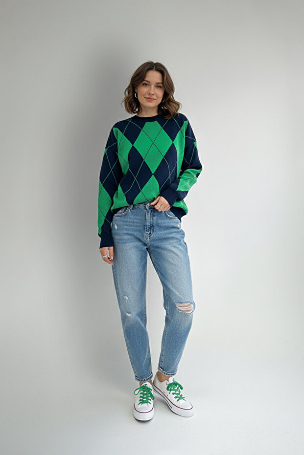 Crew Neck Diamond Pattern Oversize Knitwear