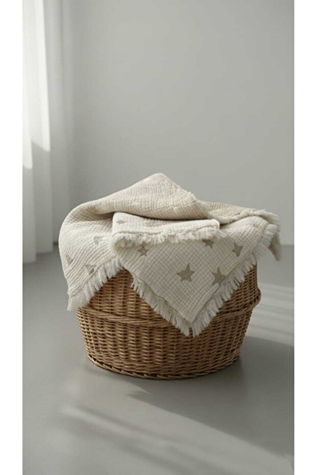 4 Layers Filled 100% Cotton Muslin Baby Blanket | Double-Sided Use Embroidered | Natural 110X120Cm