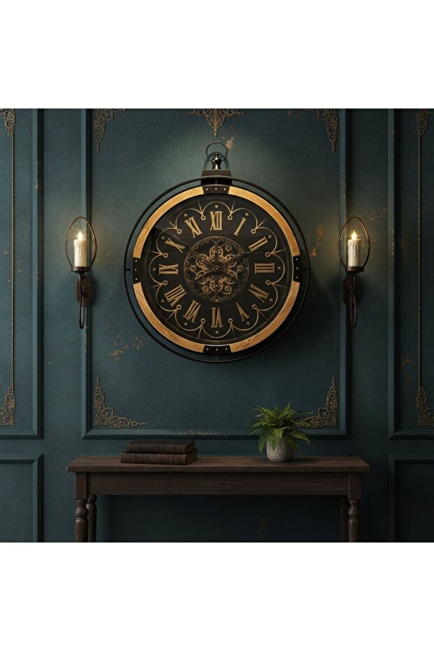 AHŞAP METAL DETAYLI, DEKORATİF HAREKETLİ ÇARKLI DUVAR SAATİ 70 cm - 1