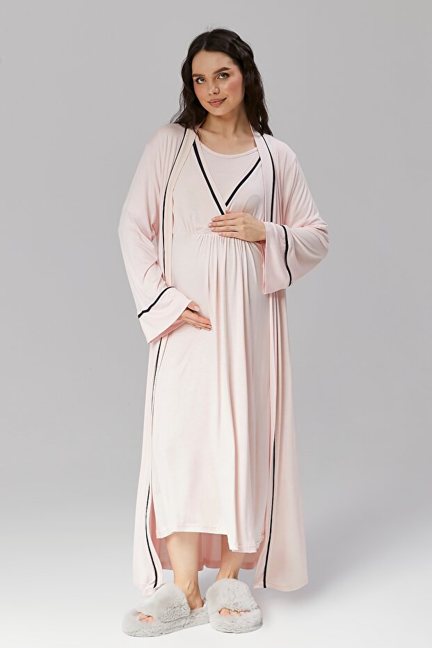 Pink Piping Maternity Nightgown and Dressing Gown Set with Breastfeeding Function - Premium Series