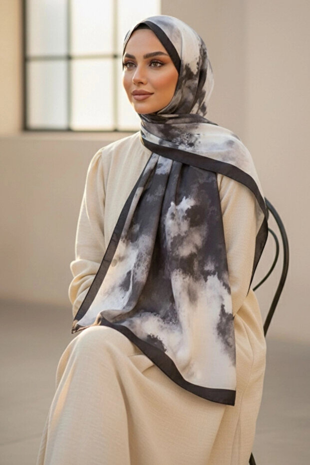 Women's Black Cream Marbled Patterned Framed Cotton Soft Textured Seasonal Shawl