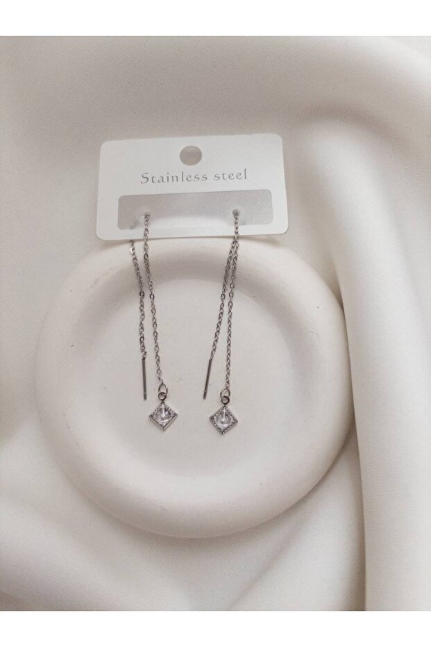 Chain Dangle Earrings Steel - Dangle Earrings with Beaded Detail - Steel Dangle Earrings