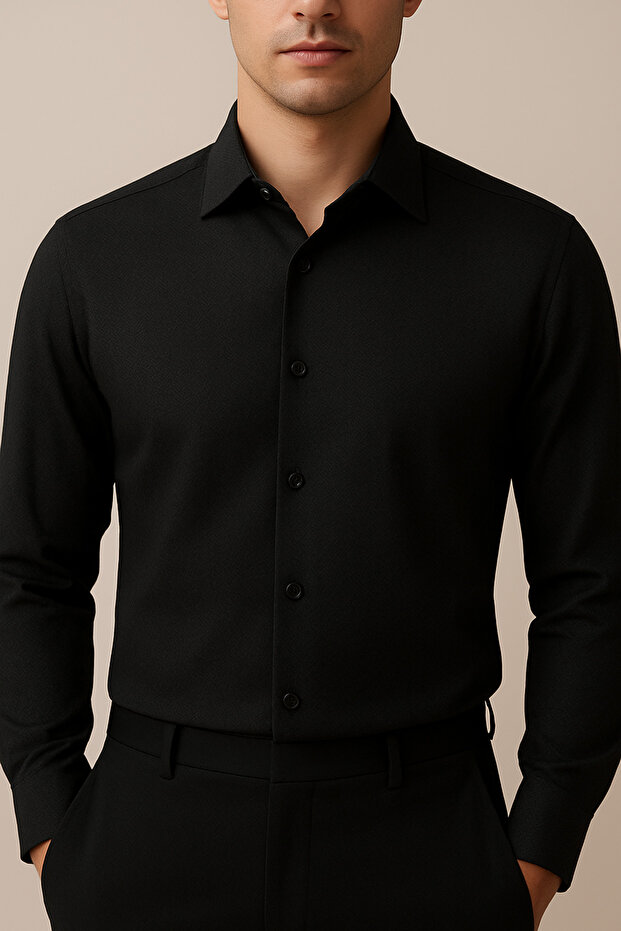Regular Fit Classic Cut Long Sleeve Easy-Iron Breathable Texture Tie-Down Collar Four Seasons Single Pocket Shirt