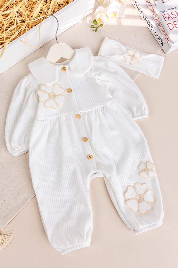 Baby Girl Jumpsuit with Flower Motif on the Collar and 100% Cotton Bandana