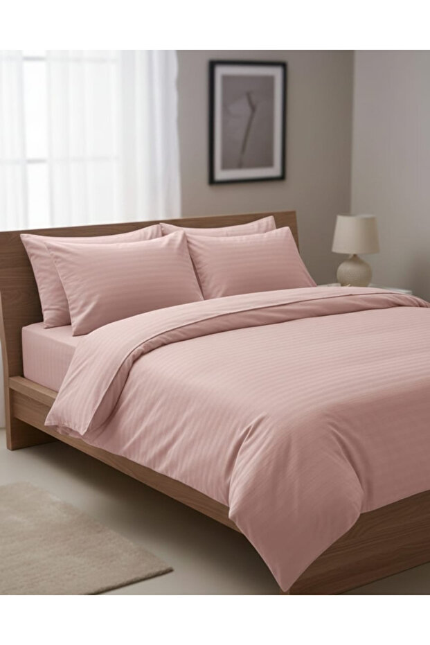 100% Cotton Striped Satin Double Duvet Cover Set (with Elasticated Sheet)