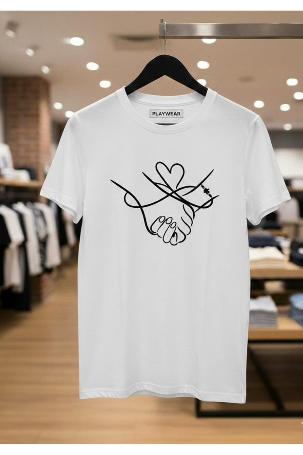 Play Wear Unisex Bol Kalıpson 14 February Forever Cap Hand in Hand Crew Neck Printed T-Shirt