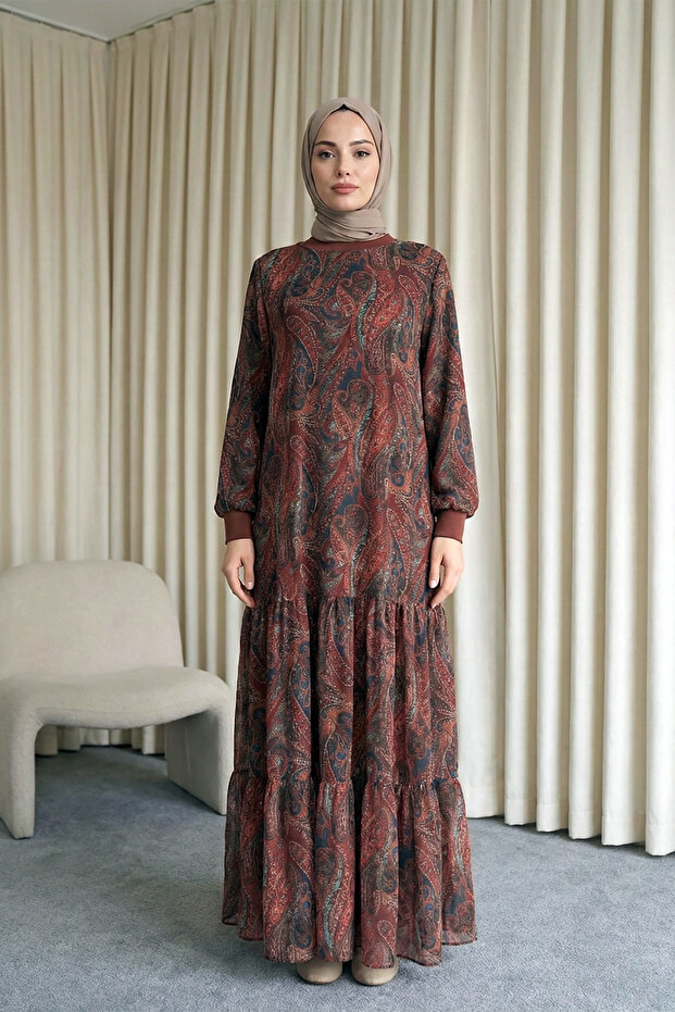 فستان شيفون مبطن بنقشة أصلية - بني - 2