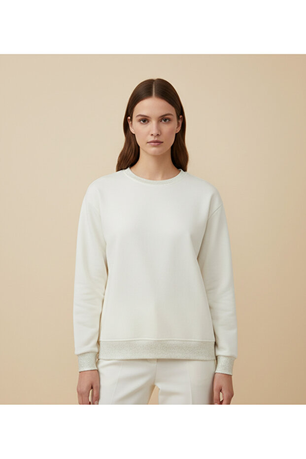 Kadın Sim Detaylı Basic Sweatshirt – Ekru