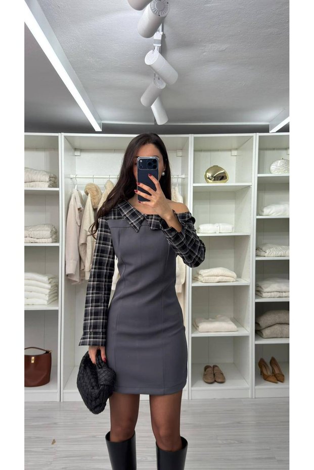Kayık Plaid Shirt Collar Strapless Look Fabric Design Chic Premium Series Long Sleeve Dress