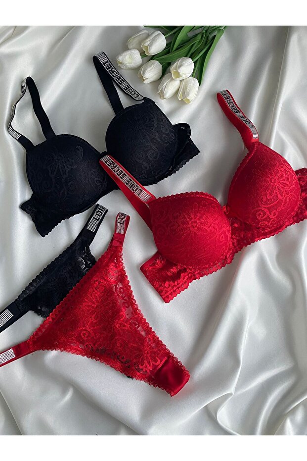 Women's lace stone underwire support padded push-up bra set lingerie set double set