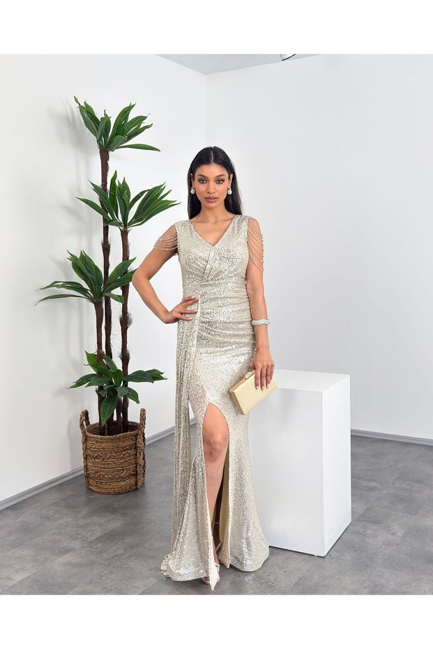 Double-Breasted Collar Shoulder Beading Detailed Tasseled Maxi Women's Dress