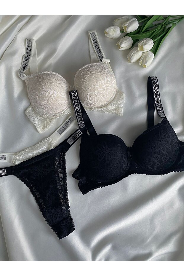Women's Lace and Stone Underwire Supported Padded Push up Bra Set Underwear Set Double Set