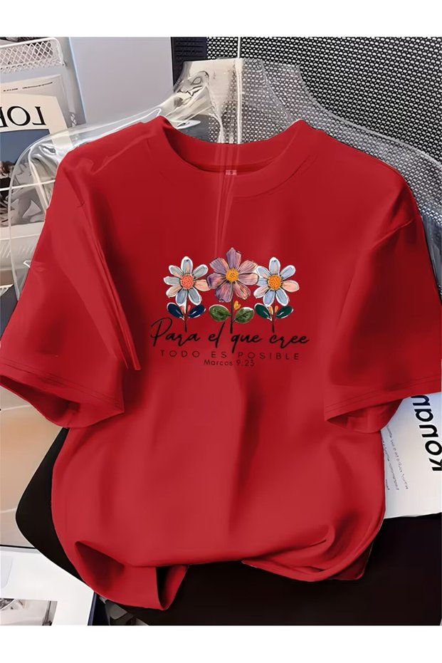 Fashionable Floral Pattern and English Letter Detail Short Sleeves for Women