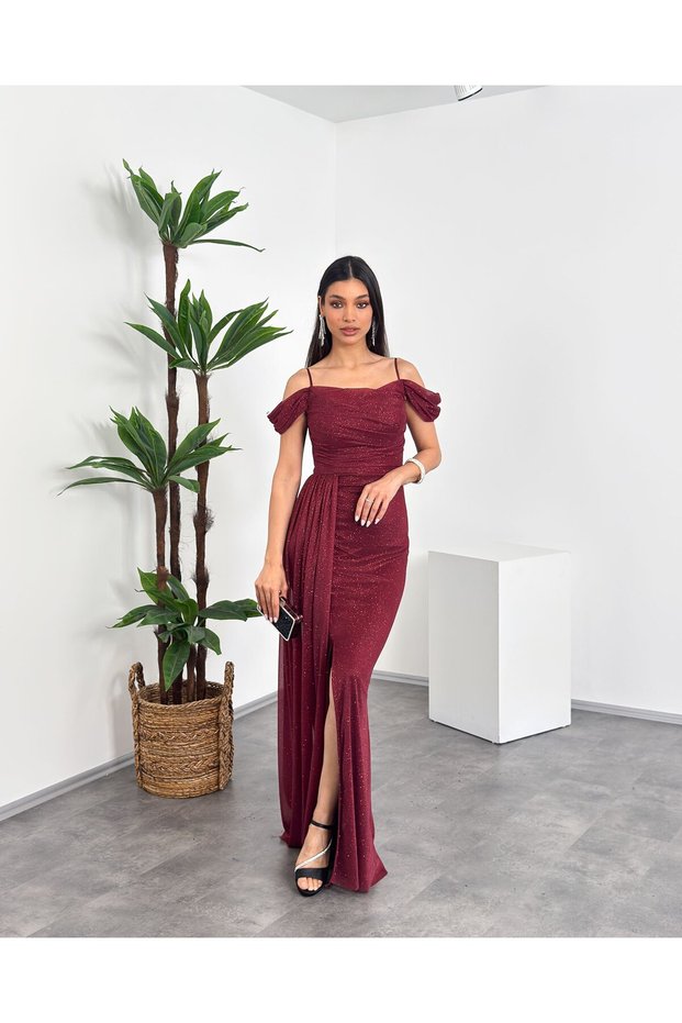 Strappy Off-Shoulder Detailed Draped Front Slit Glittery Maxi Women's Evening Dress