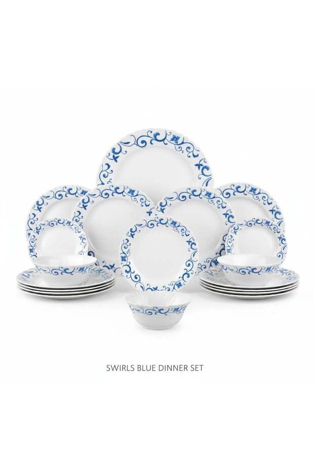 طقم عشاء كلاسيكي من الأوبال وير، 44 قطعة، تصميم SWIRLS BLUE
