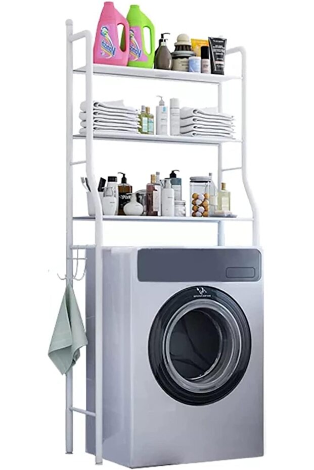 رف تخزين معدني ثلاثي الطبقات لتوفير المساحة للغسالة - 4