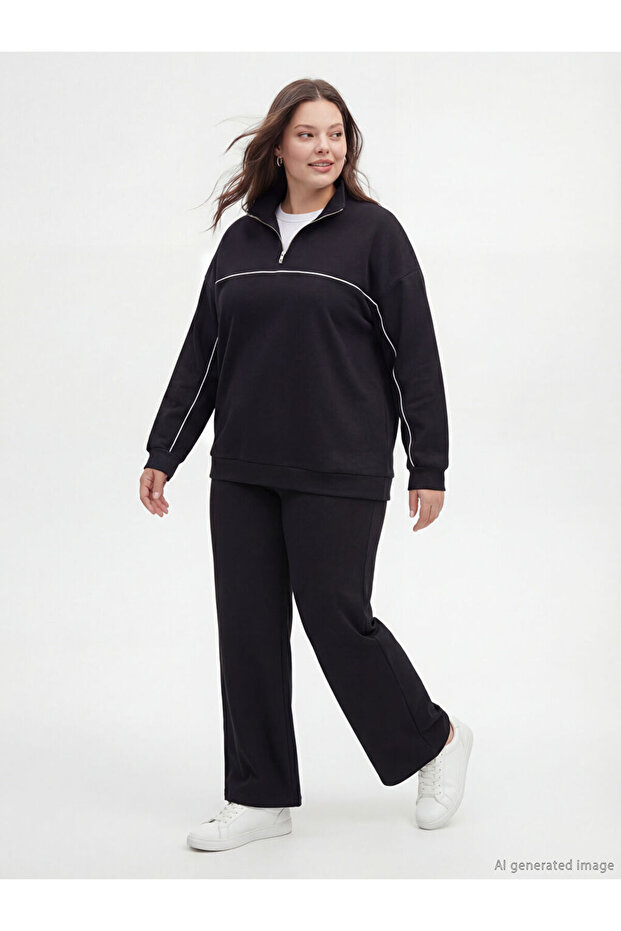سويت شيرت LCW Modest Black ياقة مرتفعة متوسطة الطول قصة فضفاضة للسيدات
