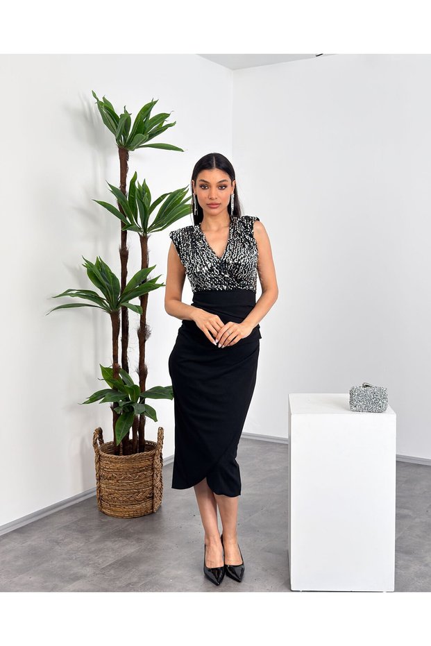 Double-Breasted Collar, Sequin Detail, Shoulder Padded, Sleeveless, Draped, Mid-Length Women's Dress
