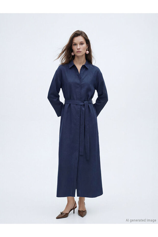 Navy Blue Belted Linen Blend Shirt Dress
