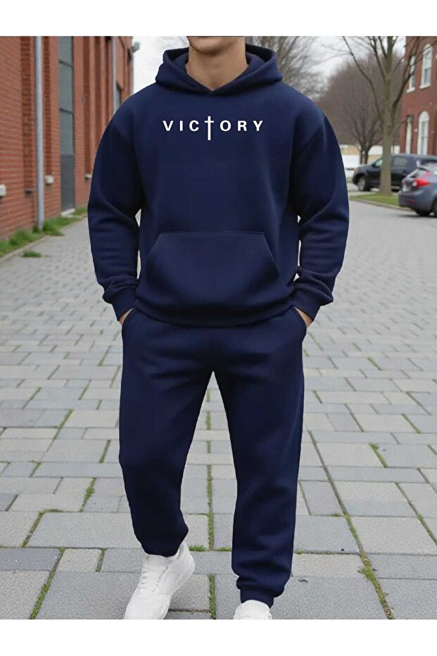 Men's Bottom-Up Set Victory Print Design Hooded Sweatshirt