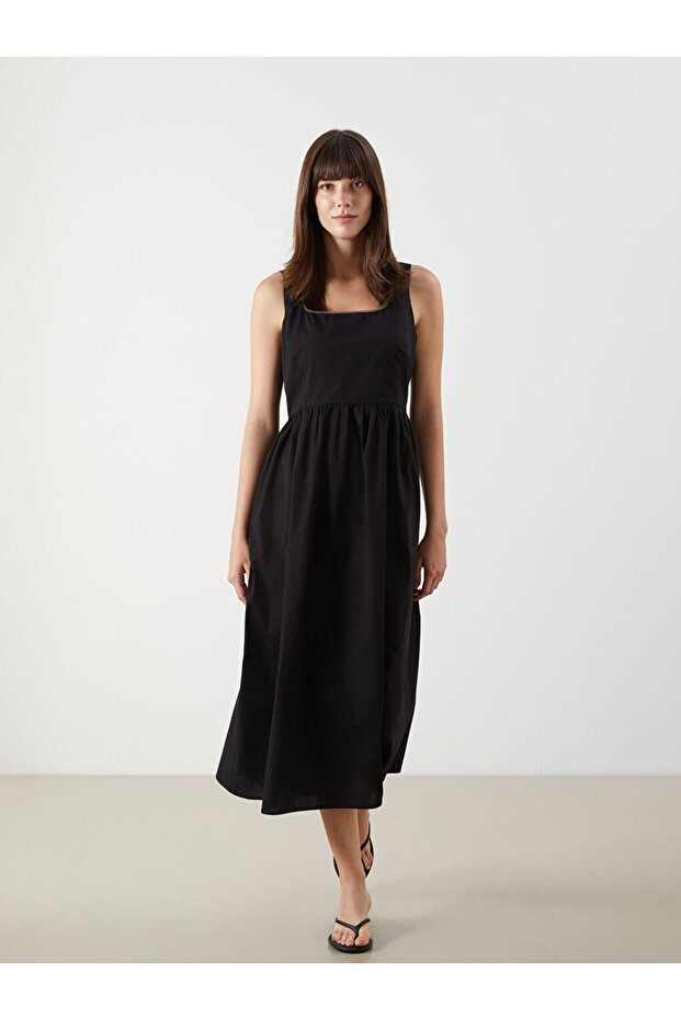 Black Square Neck Poplin Dress