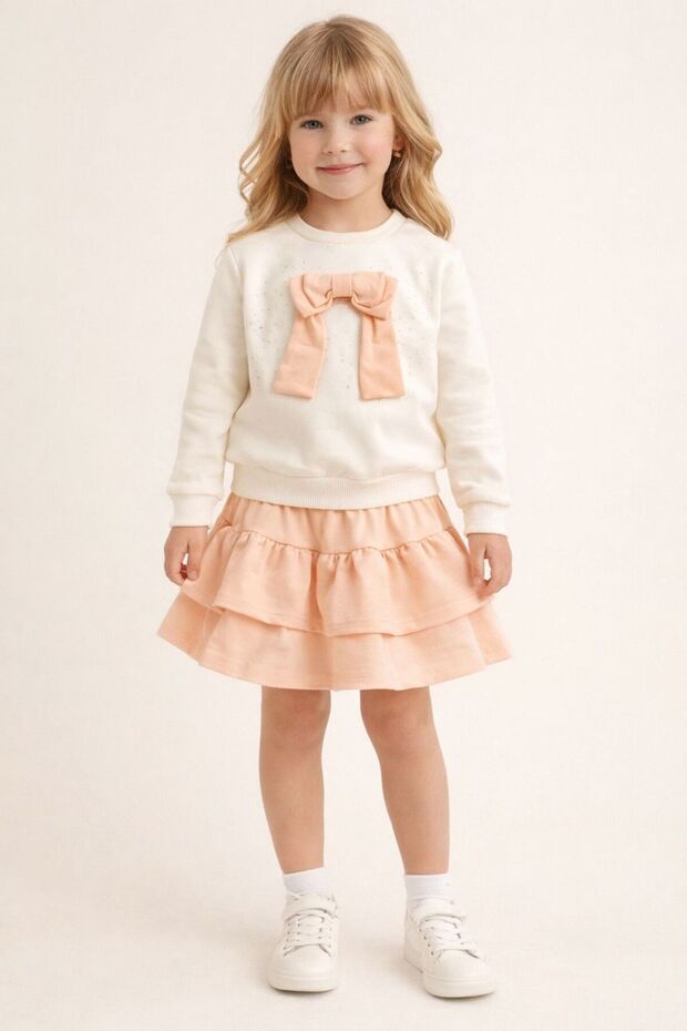 Stone Printed Skirted Girls' Set with Bow Detail
