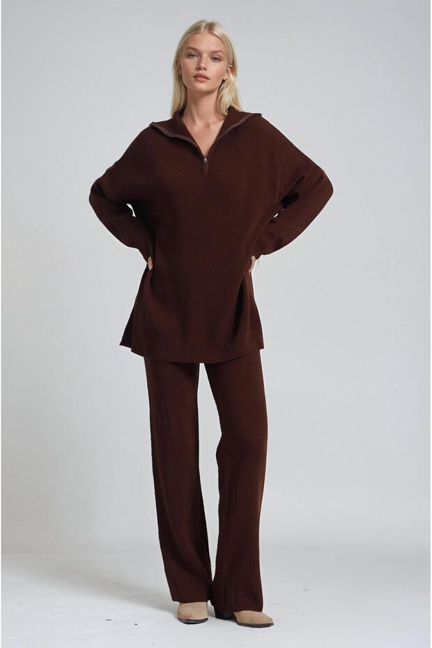 Zip Collar Long Knitwear Tunic & Wide Leg Pants Set 10318