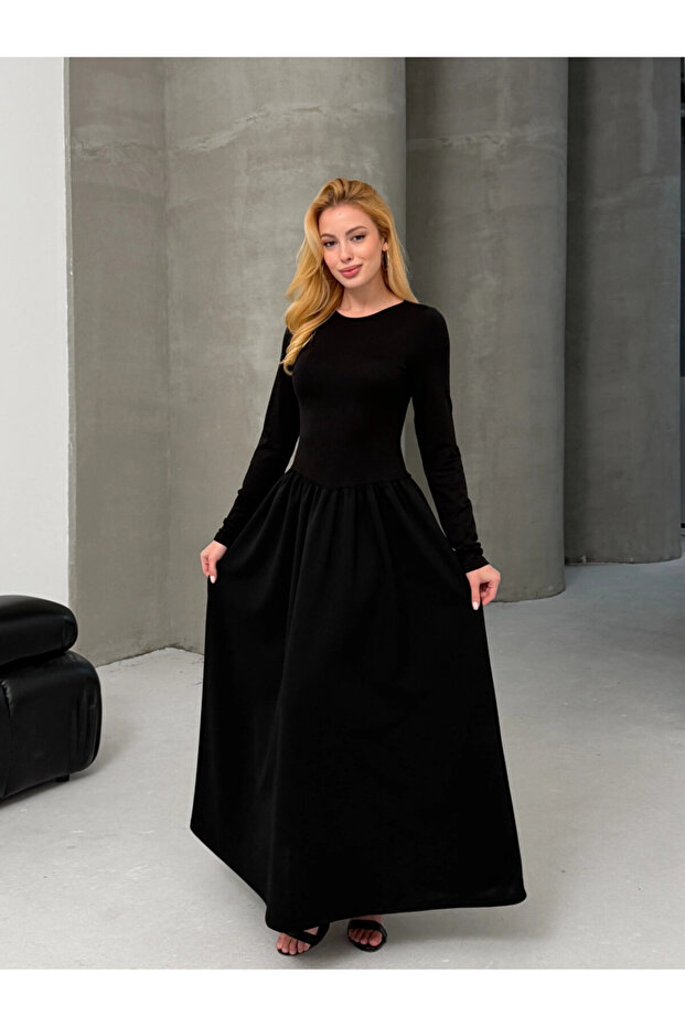 Maxi Length Skirt, Woven Poplin, Flared Top, Flexible Viscose, Black Dress