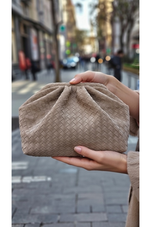 The Moiss Glow Suede Mink Color Medium Size Knitted Detail Hand, Shoulder and Crossbody Bag