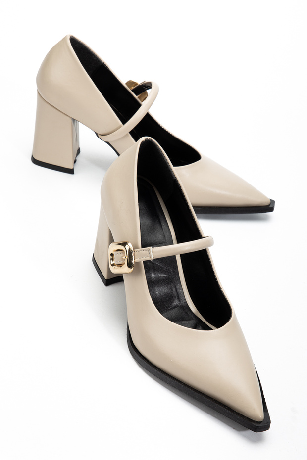 Gold Buckle Black Leather Heeled Women's Shoes Beige