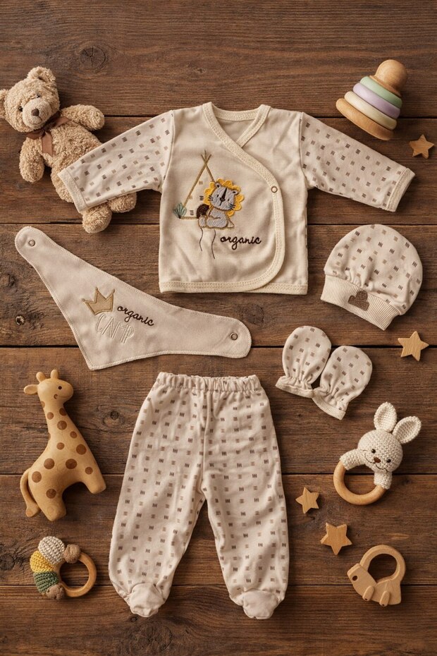 Organic 100% Cotton Newborn Baby Hospital Release Boxed Set of 5 – Cream Baby Set with Lion Figure