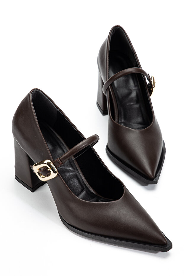 Gold Buckle Black Leather Heeled Women's Shoes Light Brown