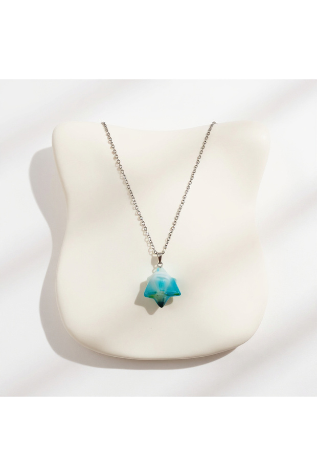 Blue Agate Natural Stone Cube Star Shaped Steel Chain Necklace Throat Chakra