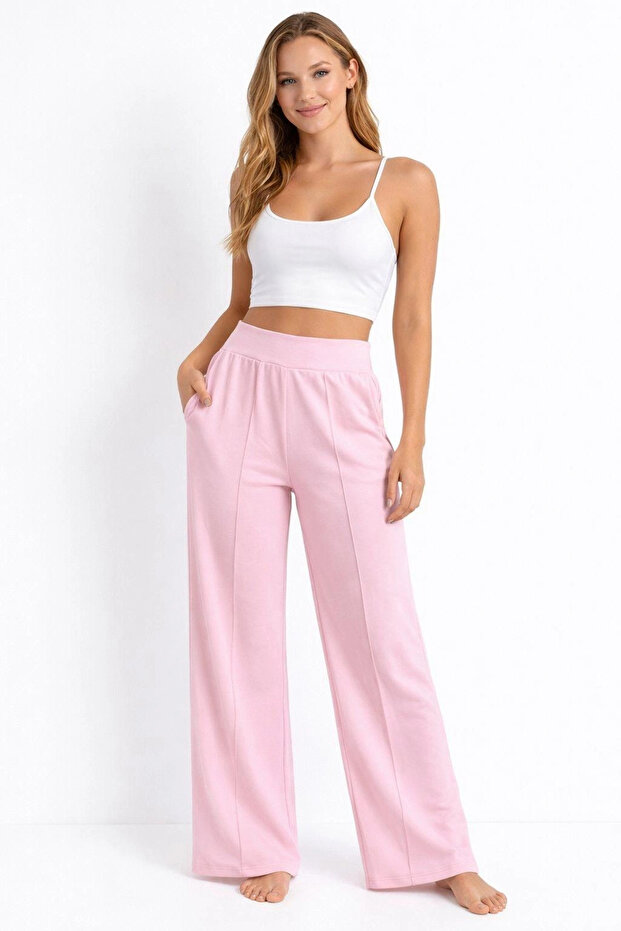 Women's Pink Modal Wide-Leg Striped High-Waist Soft Textured Elastic Waist Lycra Pants