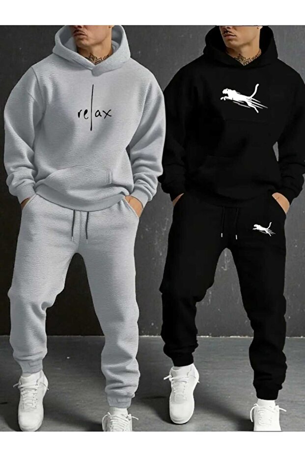 Men's 2-Piece Set Top and Bottom Set Leopard Relax Print Design Hooded Sweatshirt