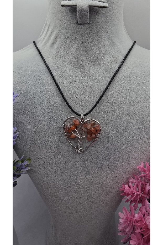 Heart Model Red Colorful Chakra Stone Tree of Life Necklace – Wire Wrapped Necklace with Natural Stones-40Cm