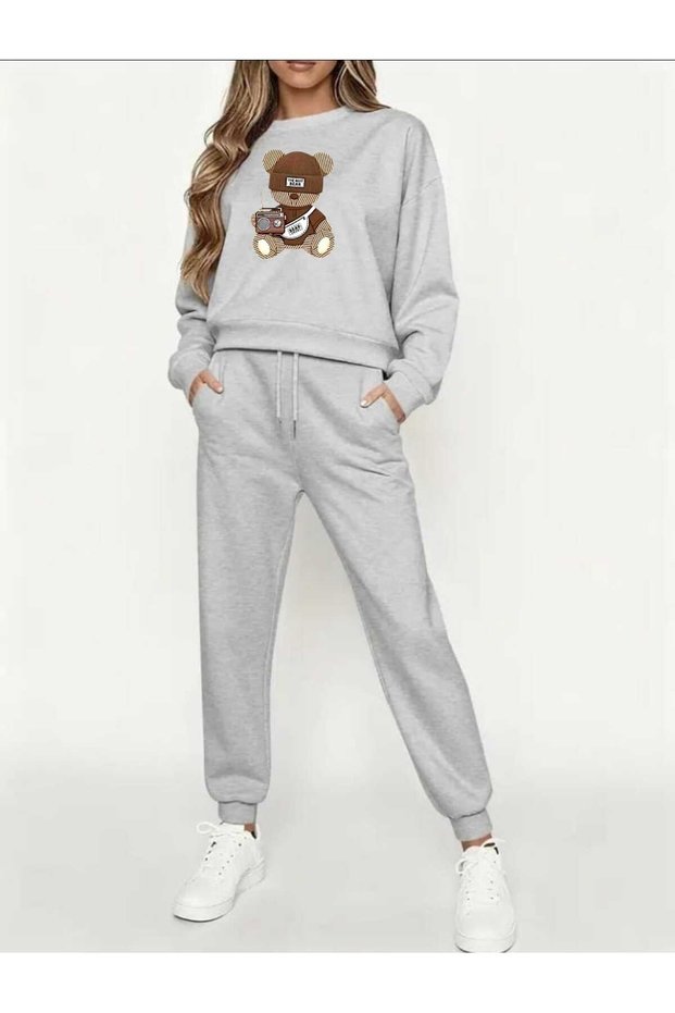 Women's Top and Bottom Set Cuffed Cuffed Bear Fashion Print Design Trendy Crew Neck Sweatshirt
