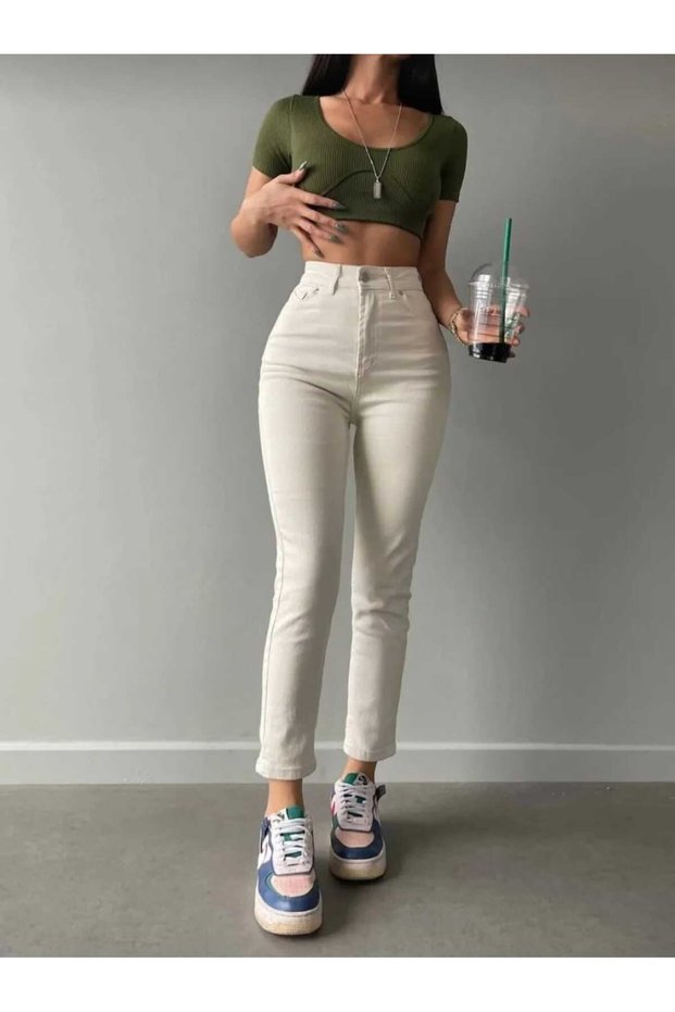 Mom Jean Cream High Waist Lycra Jeans Jean Trousers