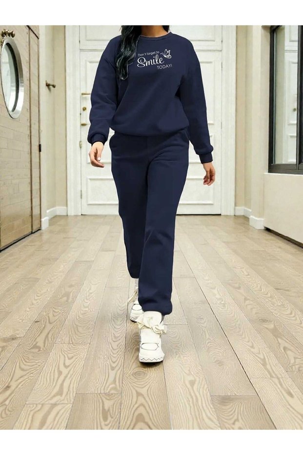 Women's Bottom Top Set Smile Fashion Print Design Crew Neck Sweatshirt
