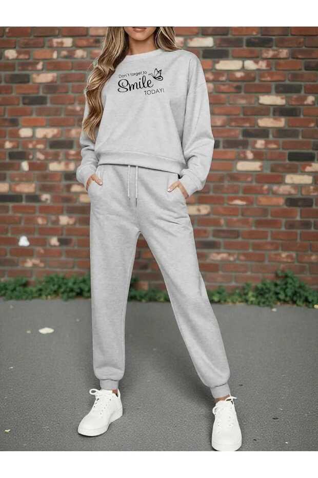 Women's Bottom Top Set Smile Fashion Print Design Crew Neck Sweatshirt