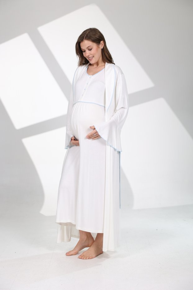 Blue Piping Maternity Nightgown and Dressing Gown Set - Hospital Discharge Set for Pregnant Women with Easy Breastfeeding Feature
