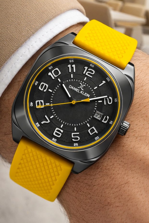 Silicone Cord Steel Case Calendar Men's Wristwatch Wrist Bracelet Gift Yellow Zmdk1216
