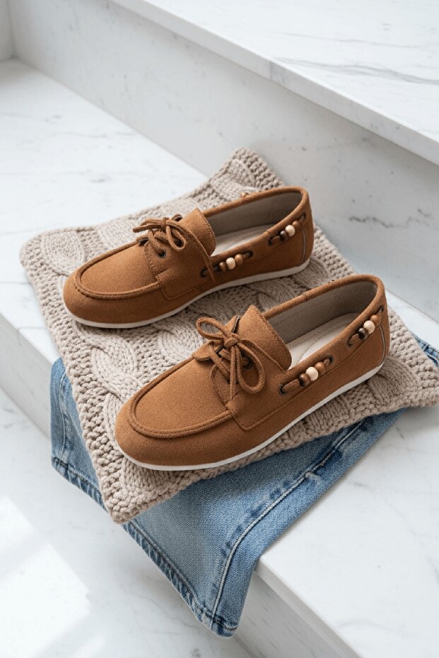 Bonita Tan Suede Beaded Detailed Ballerina Shoes