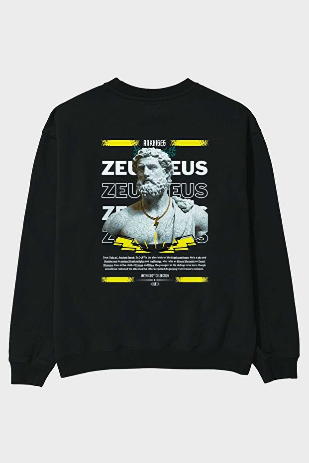 Zeus 3 Mythology Back Printed Black Oversize Sweatshirt Men Women Crew Neck