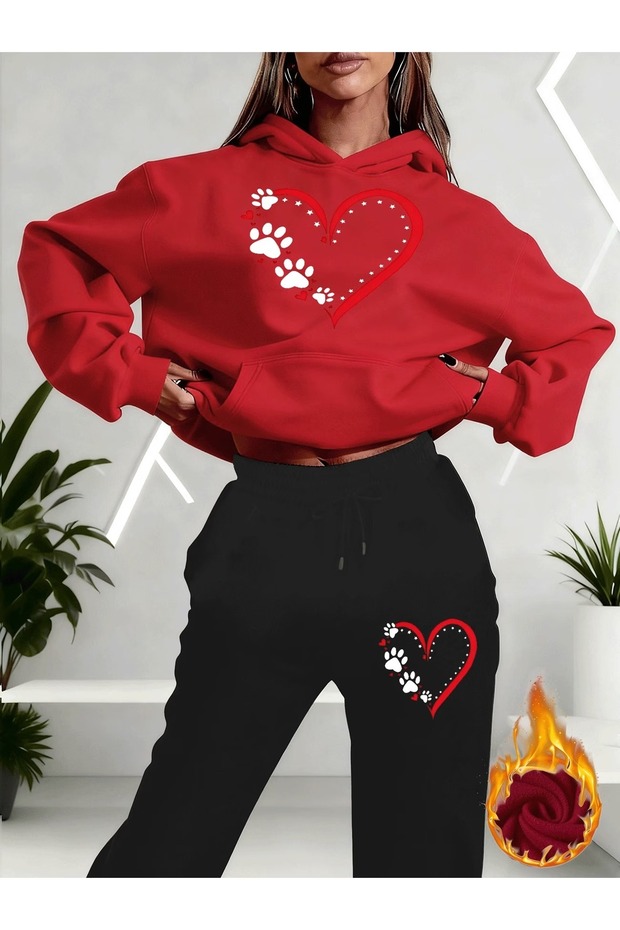 Women's Double Cat Print Tracksuit Set – Hooded Sweatshirt & Pants