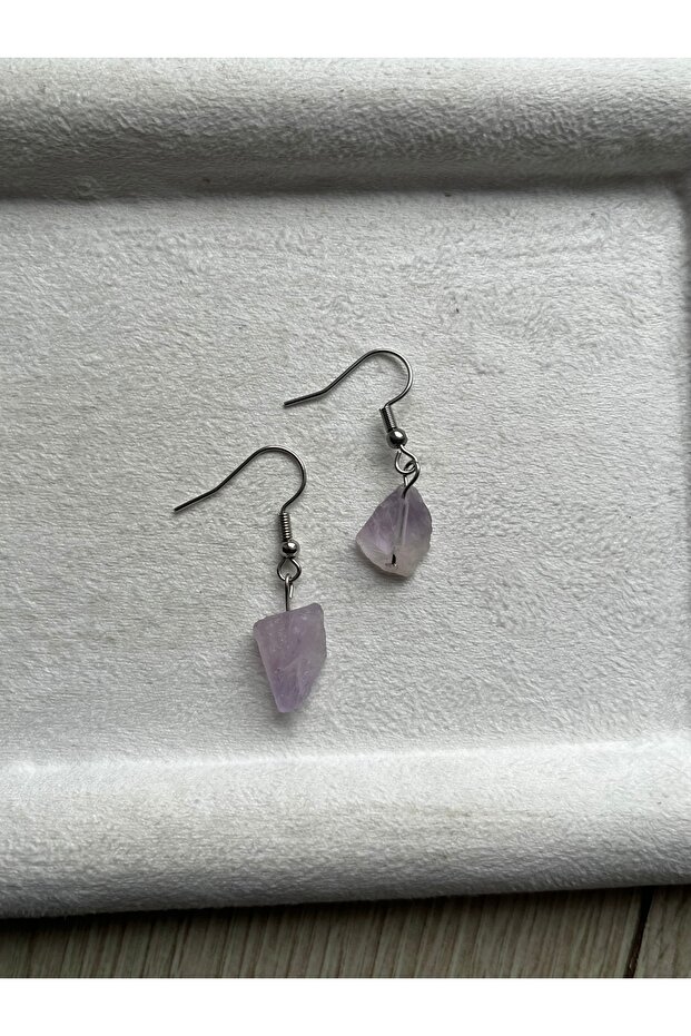 Raw Amethyst Stone Silver Color Standard Steel Earrings Handmade